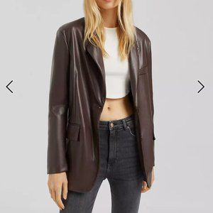 Bershka oversized faux leather blazer in chocolate brown